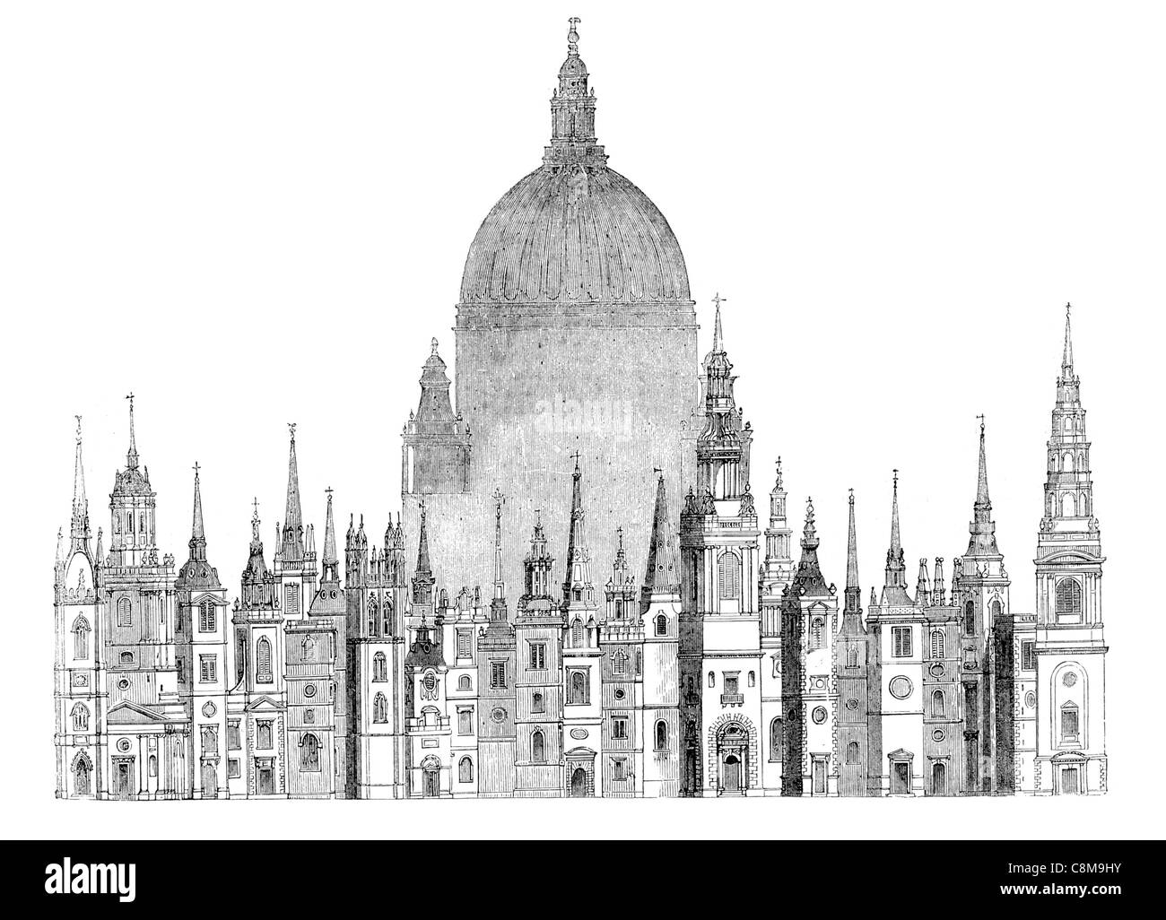 Torres campanarios steeple Sir Christopher Wren 1632 1723 el arquitecto inglés astrónomo físico matemático geómetra Foto de stock