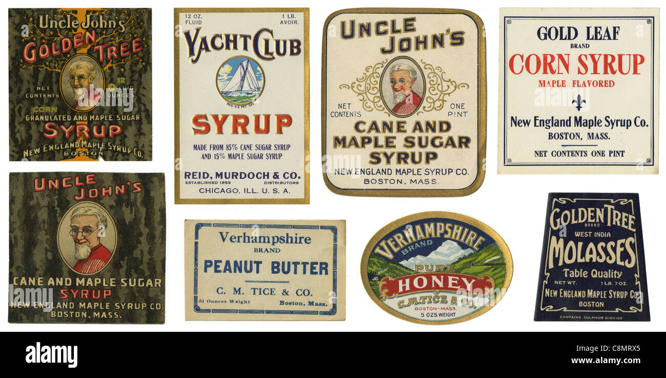 Circa 1910s antiguas etiquetas. Foto de stock