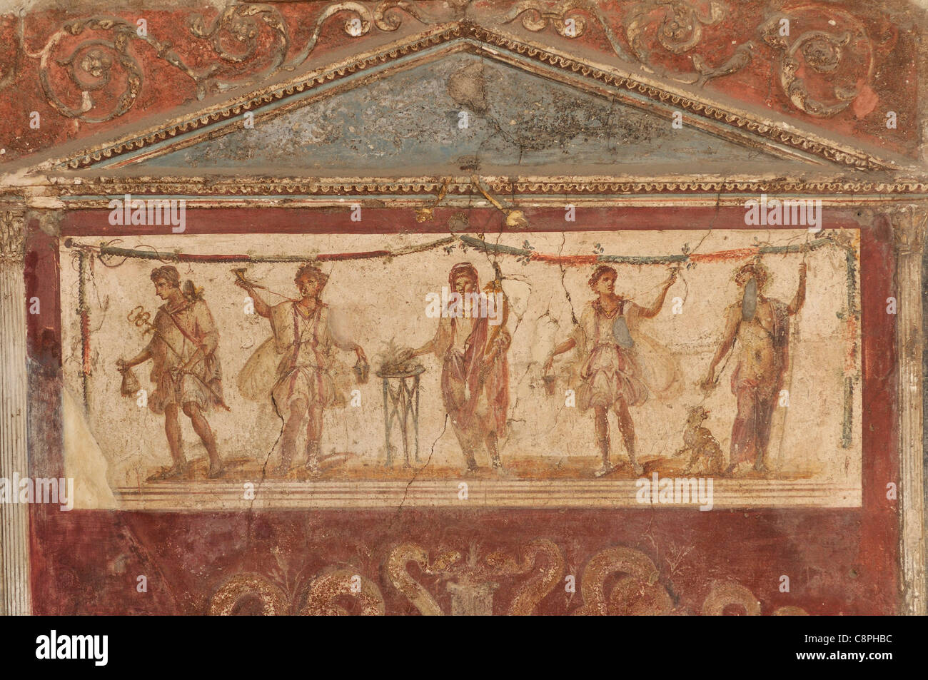 Pompei. Italia. Fresco en el thermopolium di / de Lucius Vetutius Placidus, sitio arqueológico de Pompeya. Foto de stock
