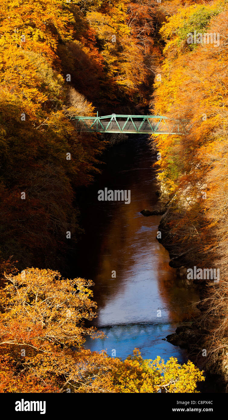 Río Garry y puente verde rodeada de colores del otoño de decidious y pinos, paso de Killiecrankie Perthshire, Escocia Foto de stock