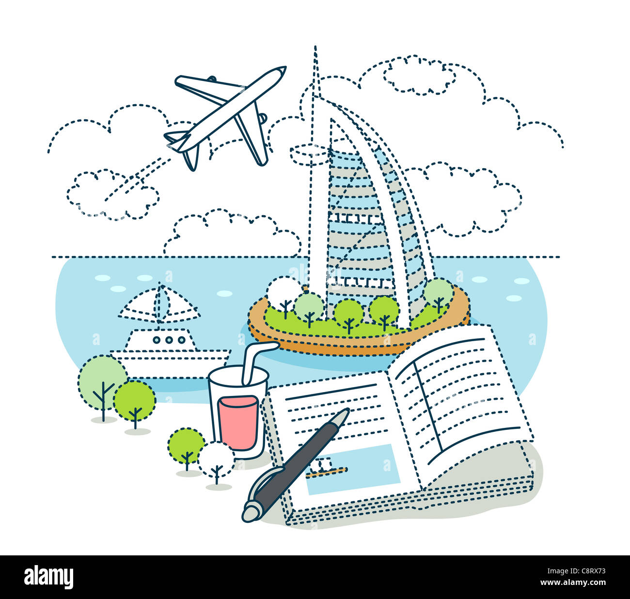 Ilustración de Burj Al Arab hotel con barco y avión Foto de stock