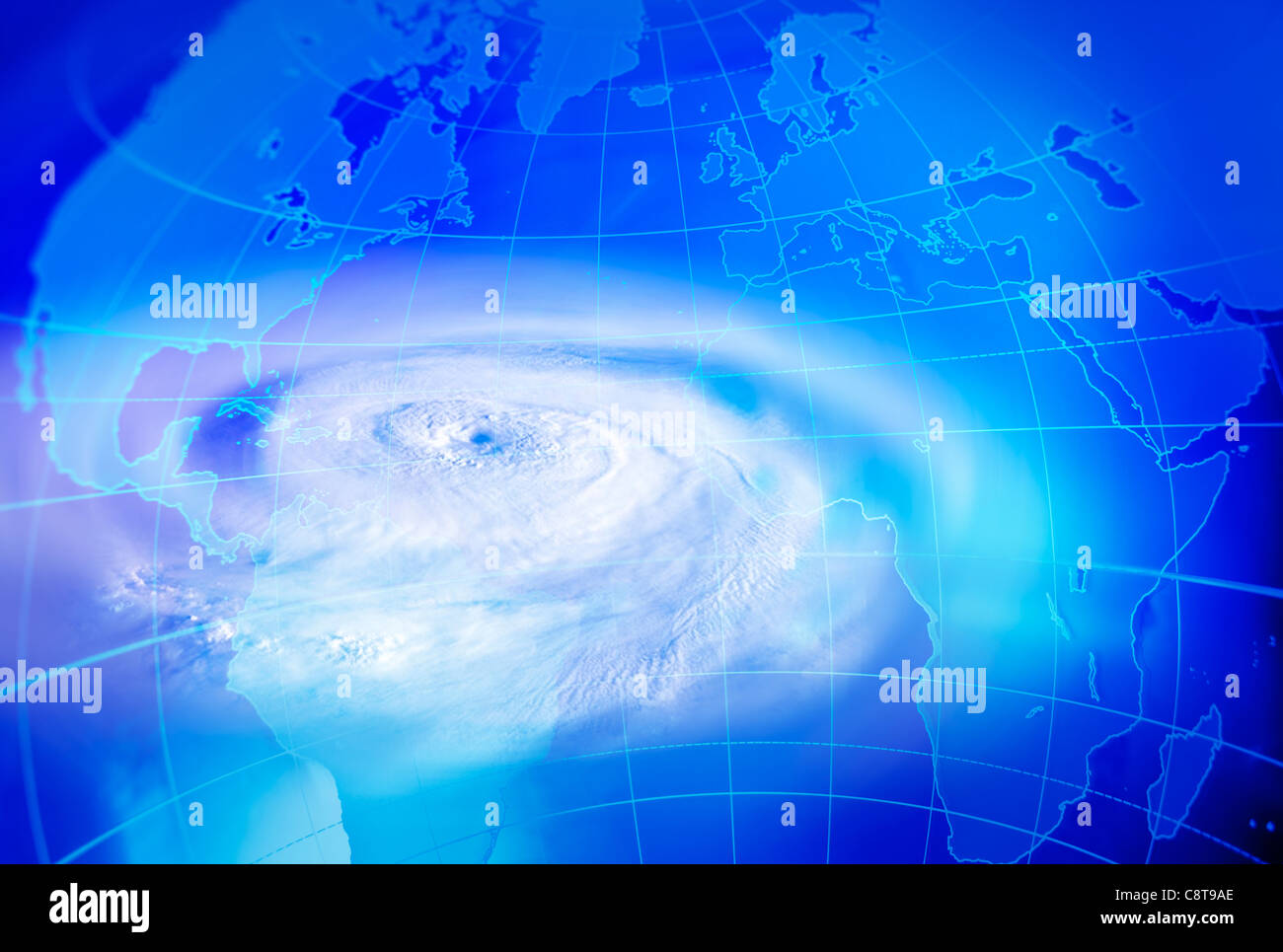 CGI del mapa del mundo y el huracán nubes Foto de stock