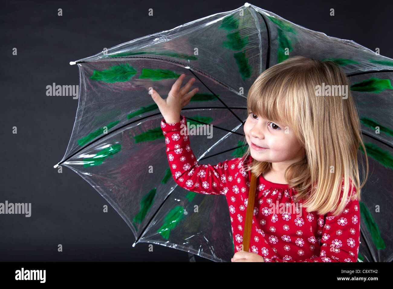 voltereta Calvo Viaje Niña rojo blanco polka dot paraguas puente cabeza de pato sobre fondo negro  divirtiéndose Fotografía de stock - Alamy