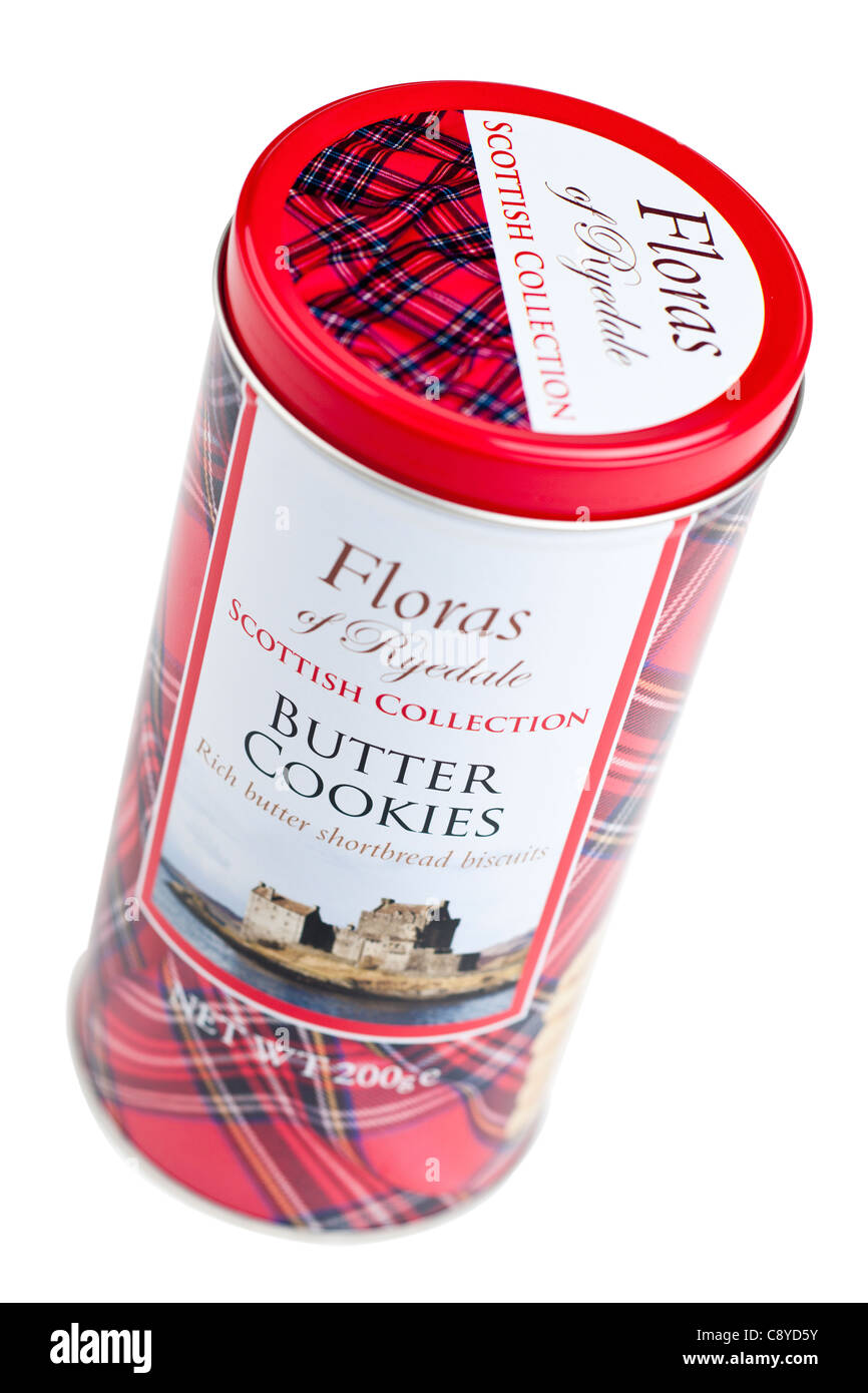 Una lata de 200 gramos Floras de Ryedale Scottish colección de galletas de mantequilla Foto de stock