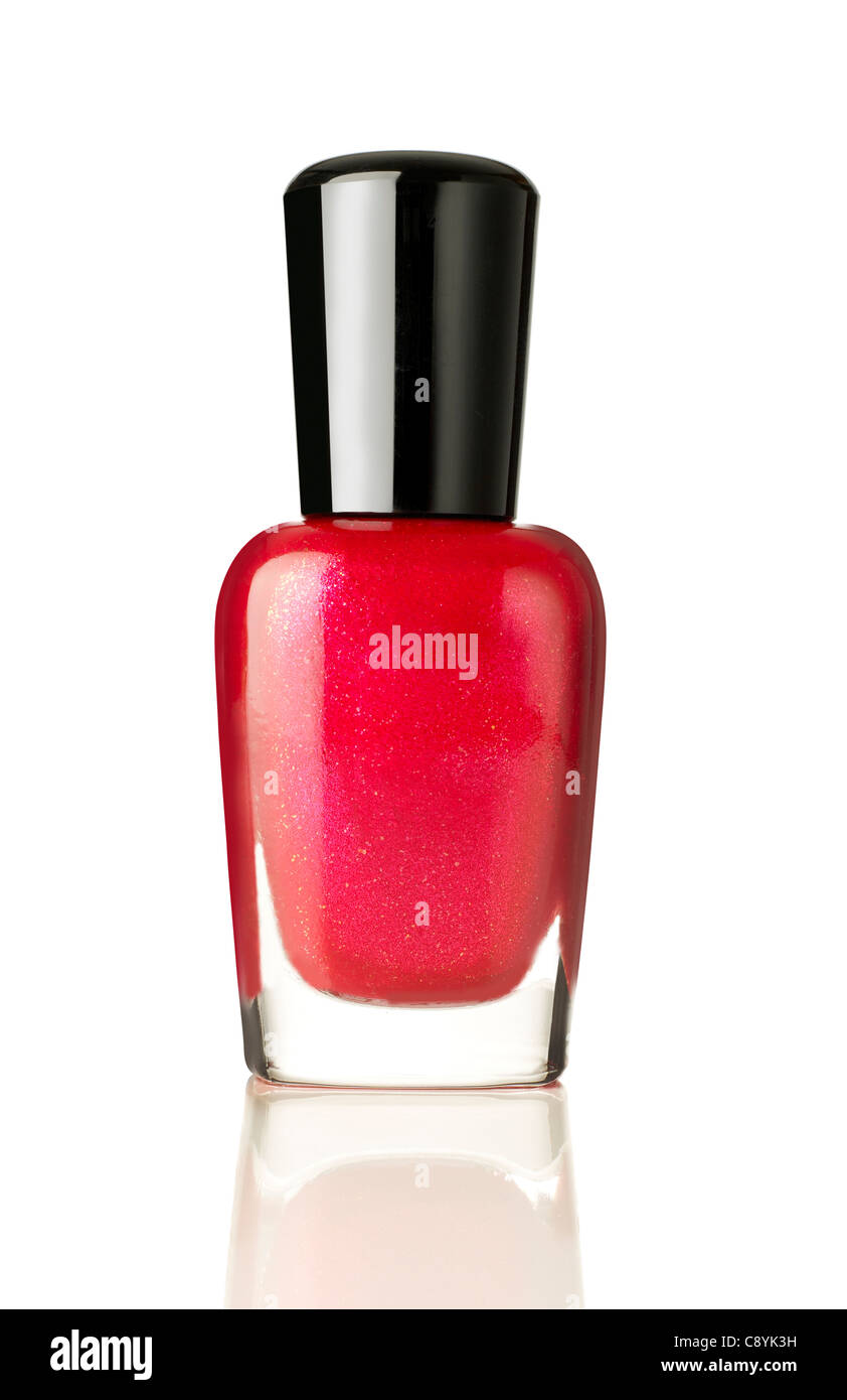 Botella de esmalte de uñas de color rojo Foto de stock