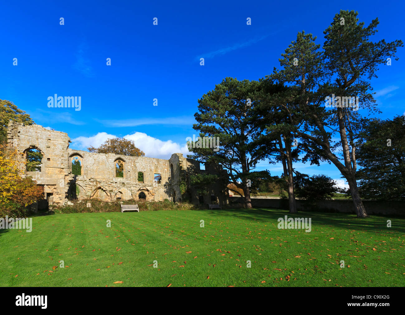 Ruinas de la Abadía de Jervaulx en los valles de Yorkshire. Foto de stock