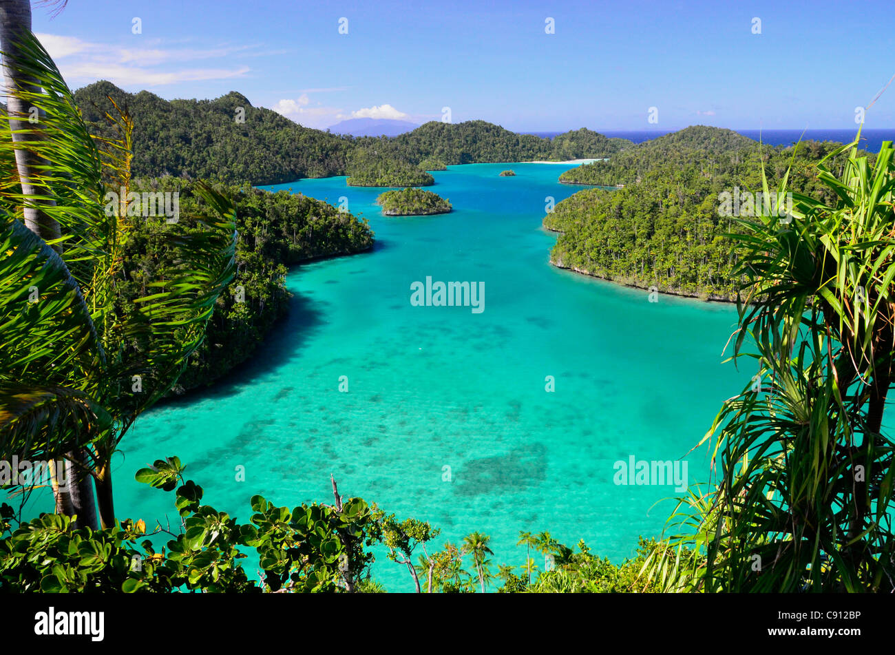 Wayag, Raja Ampat vista isla islas cerca de Papúa Occidental, Indonesia, en el triángulo de coral, Océano Pacífico. Foto de stock