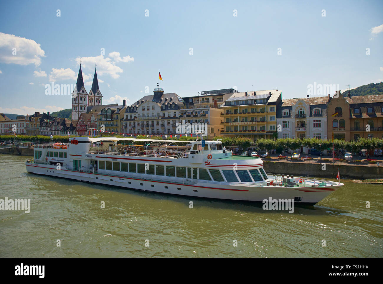 Boppard, la navegación en el río Rin, Koeln-Duesseldorfer, Mittelrhein, Renania-Palatinado, Alemania, Europa Foto de stock