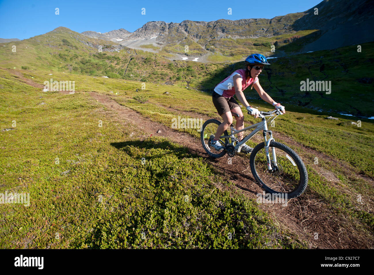 Ciclista de montaña femenino disfruta de un día de servicio de tranvía mountain bike en Alyeska Resort en Girdwood, Southcentral Alaska, Otoño Foto de stock