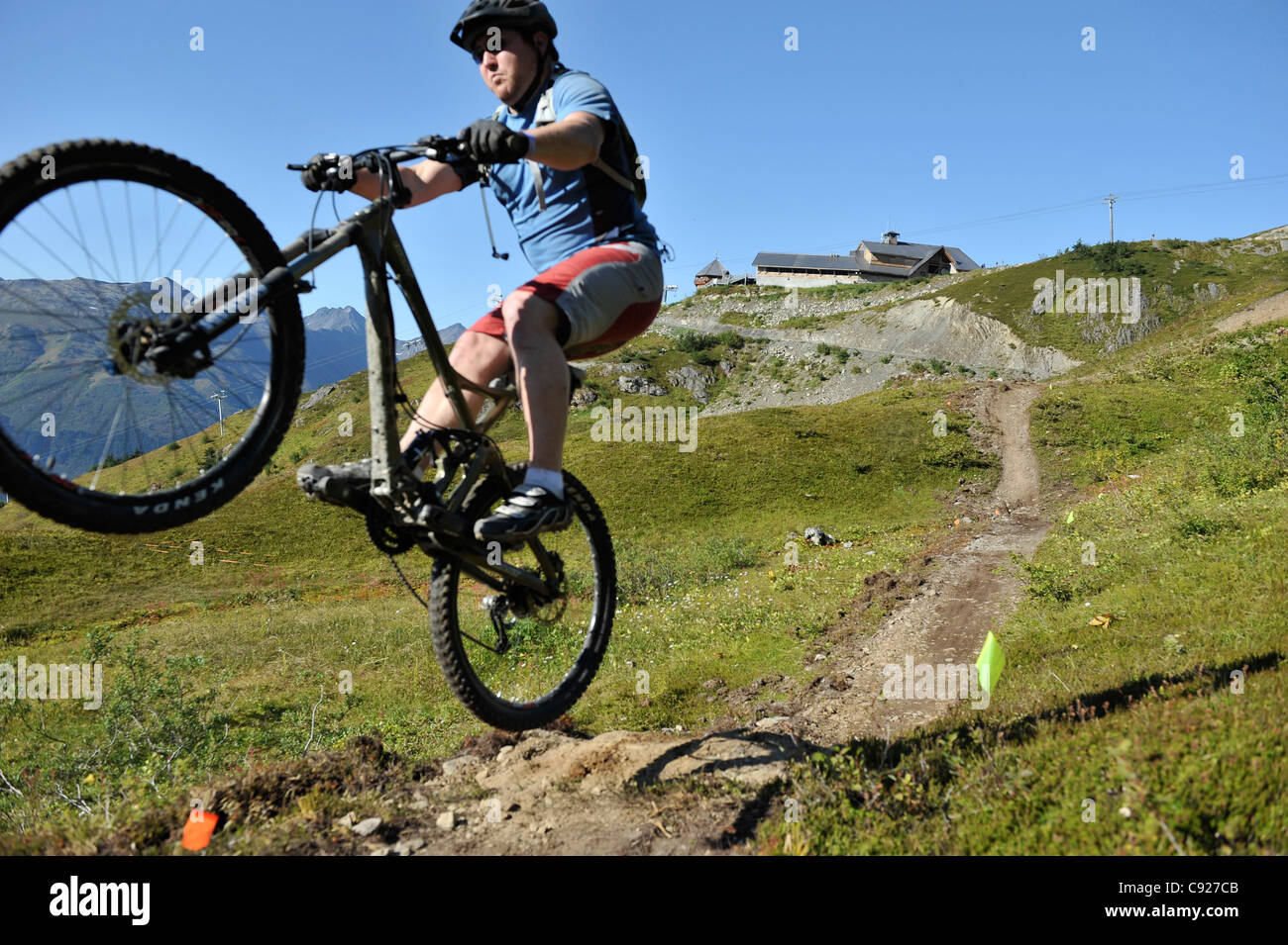 Ciclista de montaña masculina aparece un caballito como él disfruta de un día de servicio de tranvía mountain bike en Alyeska Resort en Girdwood, Alaska Foto de stock