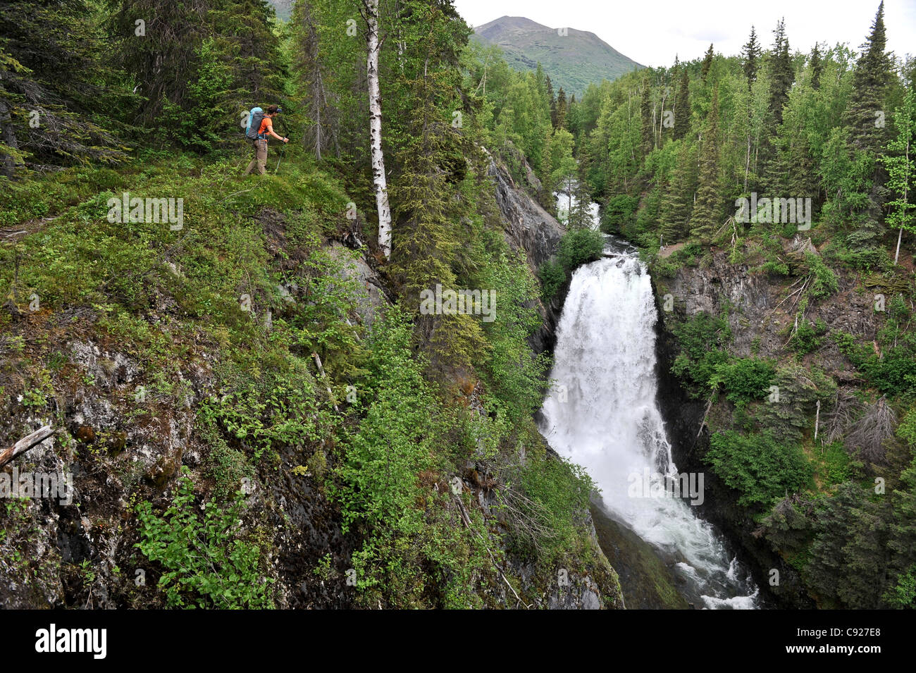 Mujer caminatas cerca de Juneau cae sobre la resurrección pasa Trail en el Bosque Nacional de Chugach, Southcentral Alaska, Verano Foto de stock