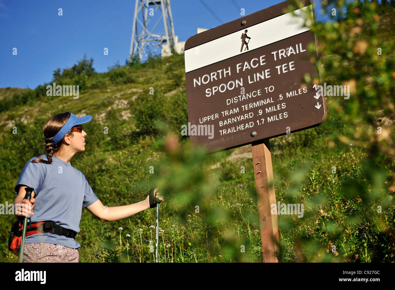 Mujer lee trail kilometraje firmar mientras senderismo la cara norte Trail en Alyeska Resort en Girdwood, Southcentral Alaska, Verano Foto de stock