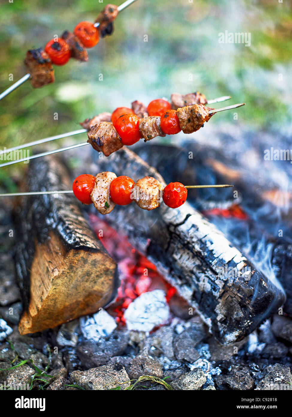 Kebabs de carne y tomate sobre un fuego de campamento Foto de stock