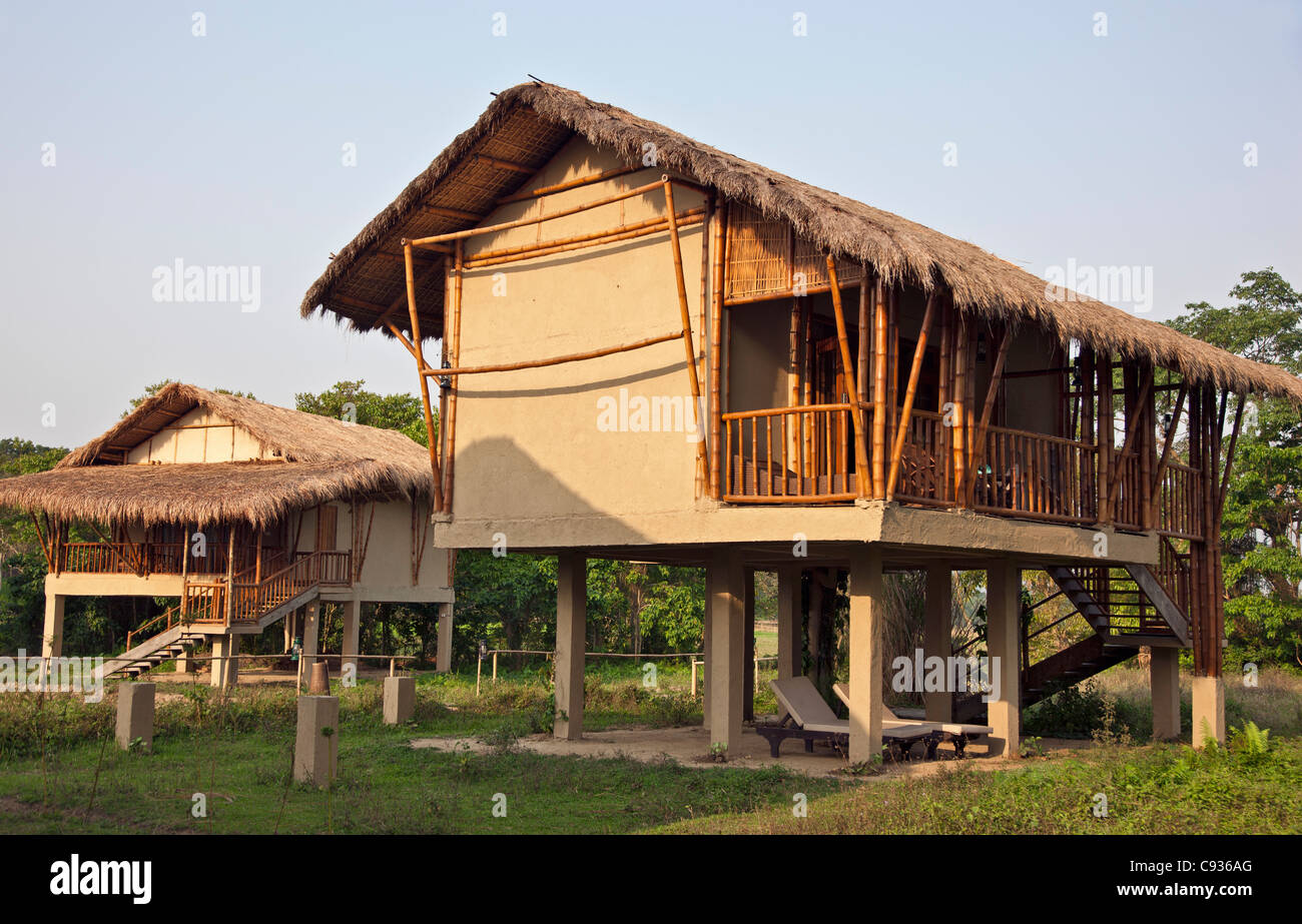 Alojamiento cabañas sobre pilotes en Diphlu River Lodge Ubicado cerca del Parque Nacional de Kaziranga. Foto de stock