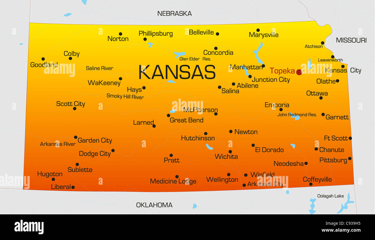 Mapa De Kansas State Mapa De Color Vectorial De Kansas State. Ee.uu Fotografía De Stock - Alamy