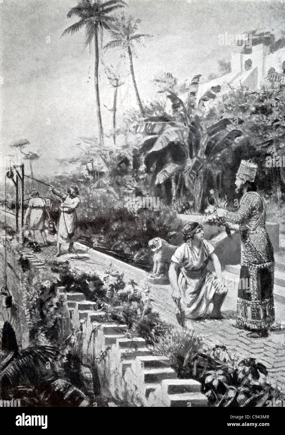 El rey Nabucodonosor (605-562 a.C.) se encuentra en el área de su palacio de Babilonia, que llegó a ser conocido como los jardines colgantes. Foto de stock
