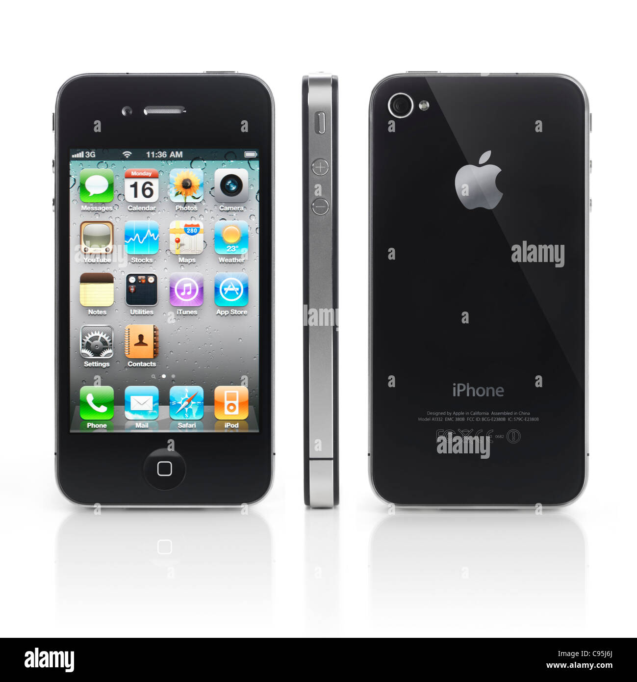 Apple iPhone 4 smartphone tres vistas frontal, lateral y posterior aislado sobre fondo blanco. Foto de stock