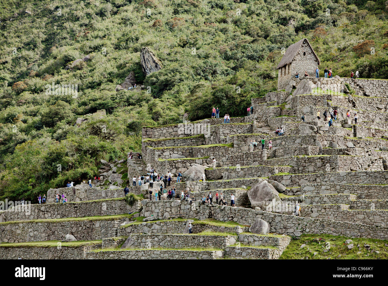 Cientos de turistas a antiguas ruinas incas de Machu Picchu, el sitio turístico más conocido en los Andes, Perú. Foto de stock