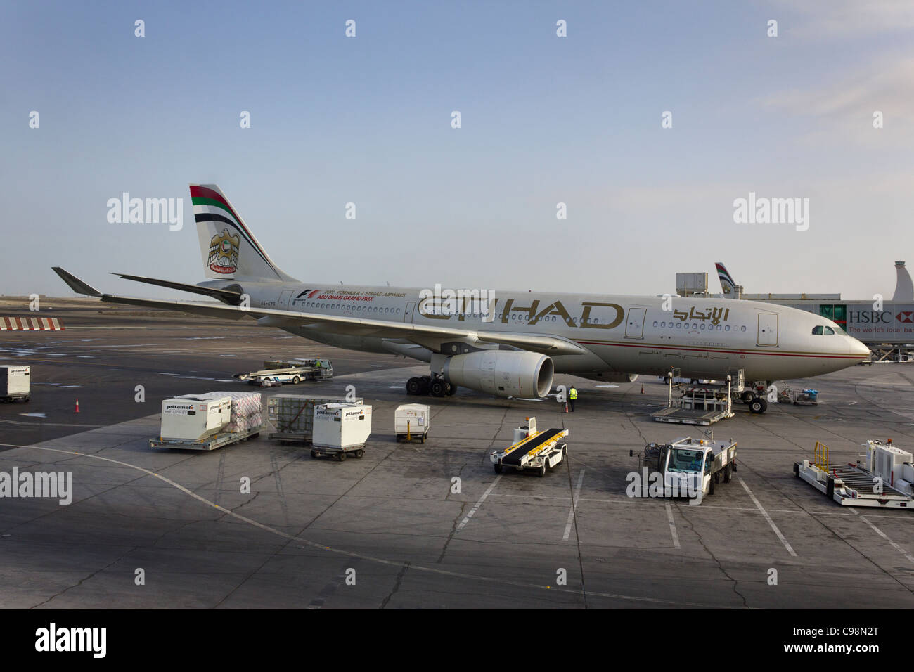 Airbus A330-200 avión Etihad Airways en la Terminal 1, el aeropuerto de Abu Dhabi, Emiratos Arabes Unidos Foto de stock