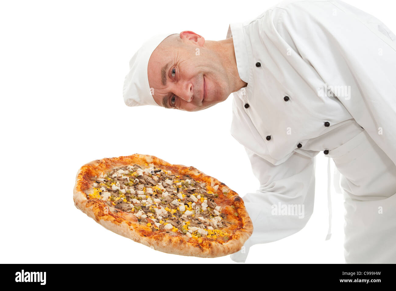 Baker de pizza con grandes y pizza fresca Foto de stock
