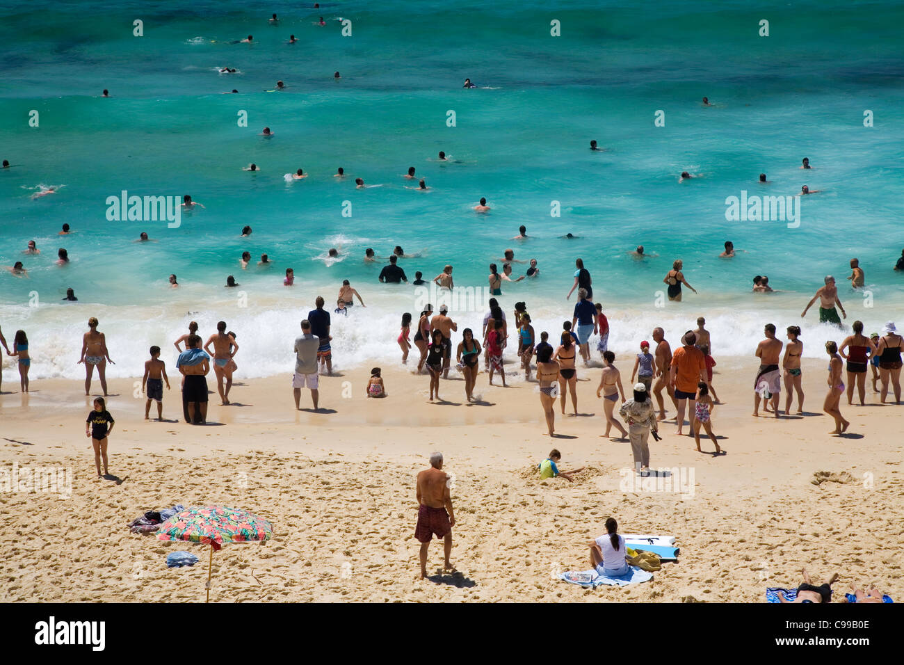 Muchedumbres veraniegas nadando en la playa de Bronte. Sydney, New South Wales, Australia Foto de stock