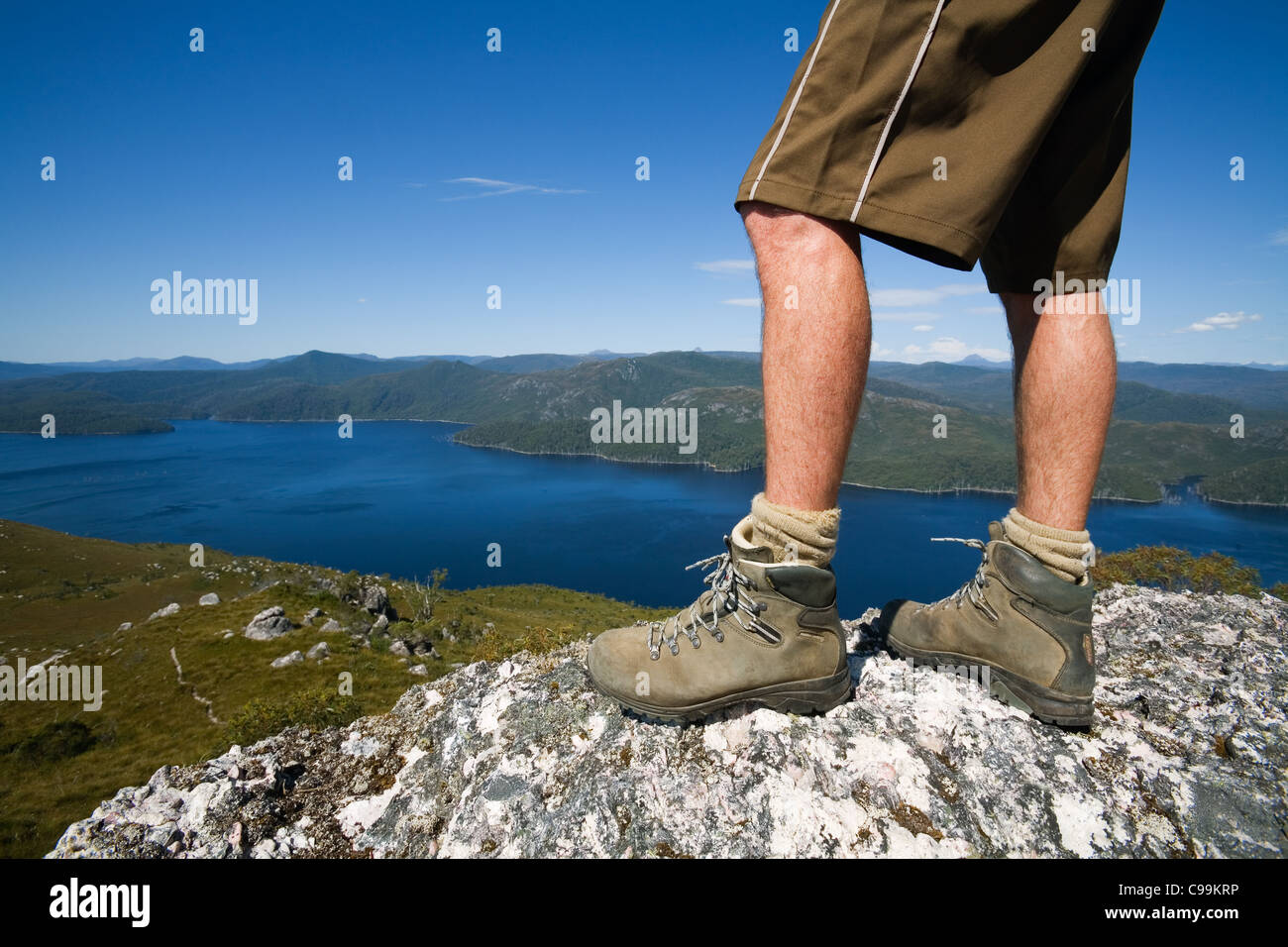 Un excursionista está en la cima de Monte Farrell, en Tasmania el altiplano occidental. Tullah, Tasmania, Australia Foto de stock