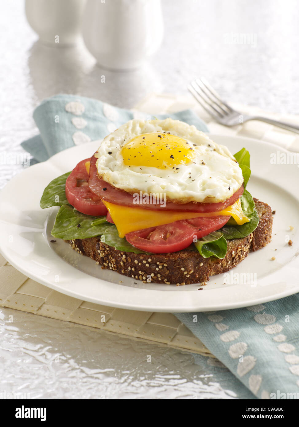 Una pila de tipo sándwich de desayuno con tostadas, rúcula, tomate, queso, jamón y un huevo en una placa blanca. Foto de stock