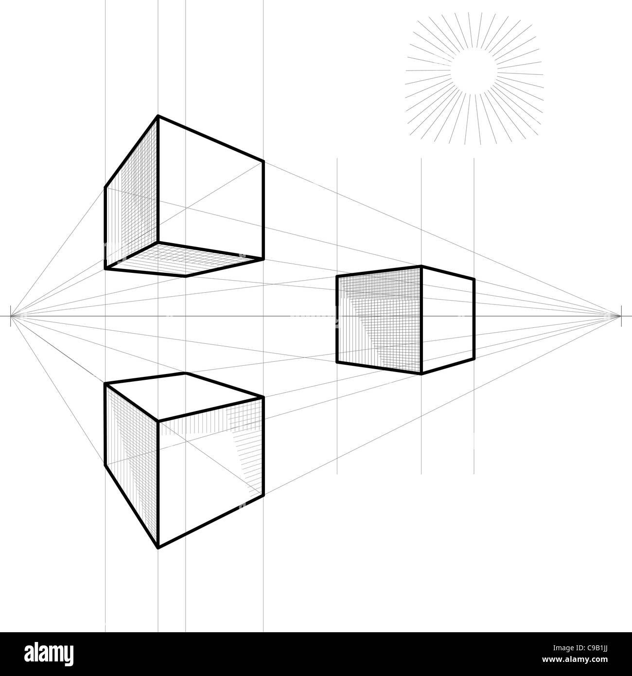 Dibujo de un cubo en perspectiva con dos puntos de fuga Fotografía de stock  - Alamy