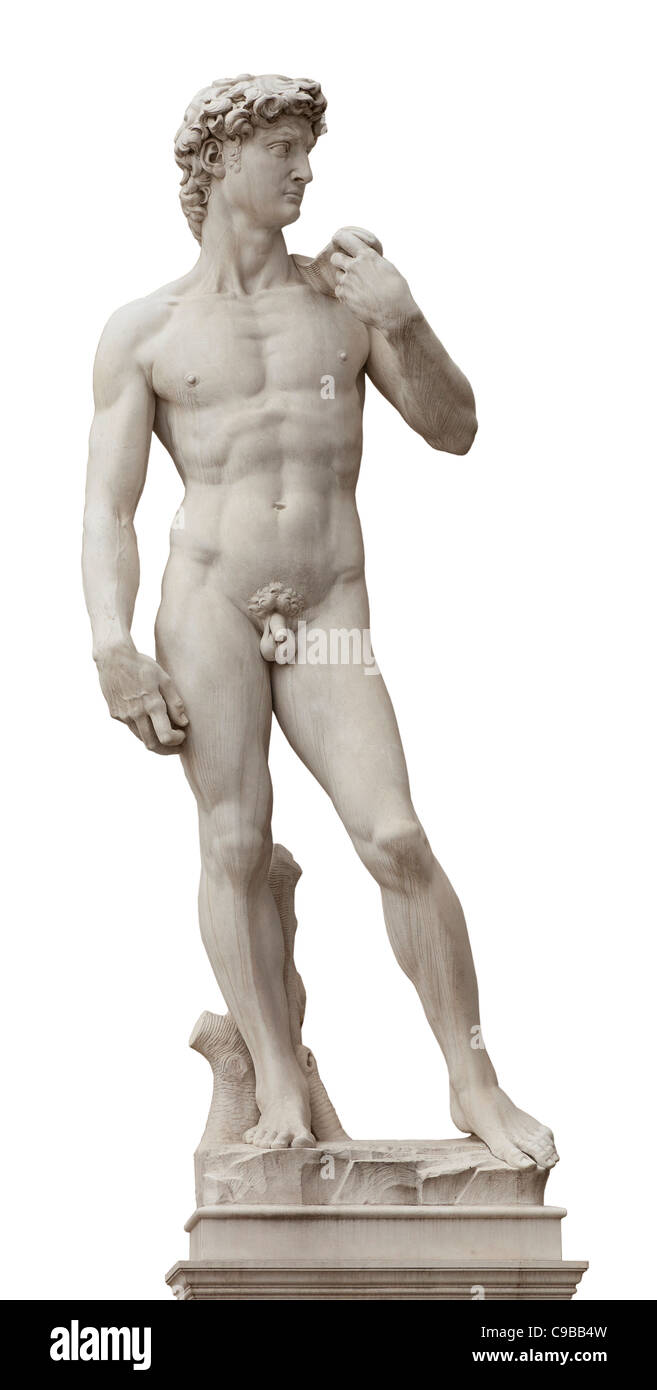 Una copia de la estatua de pie en la ubicación original de David, enfrente del Palazzo Vecchio de Florencia. Foto de stock
