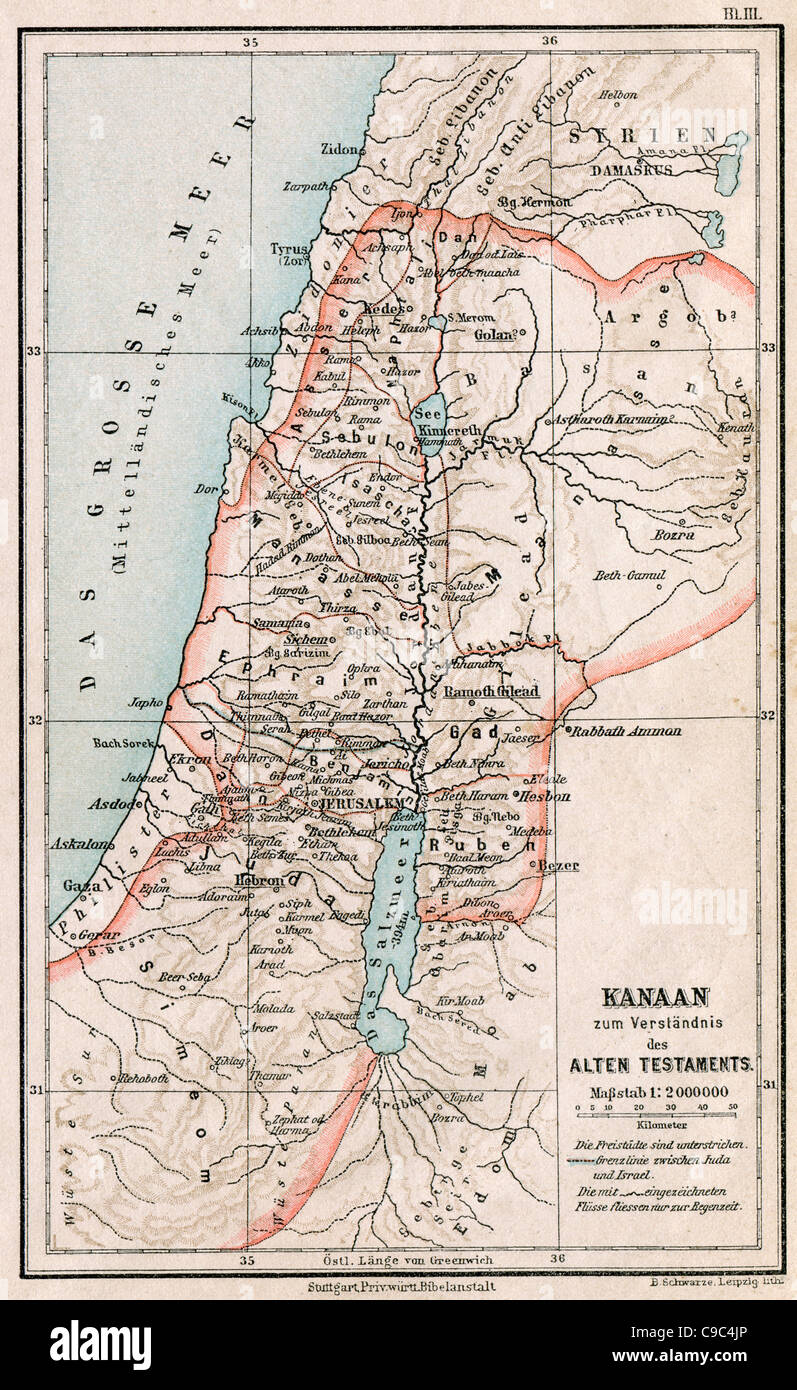Mapa de Israel y Palestina. La Biblia. El Antiguo Testamento. Alemania, circa 1895 Fotografía de