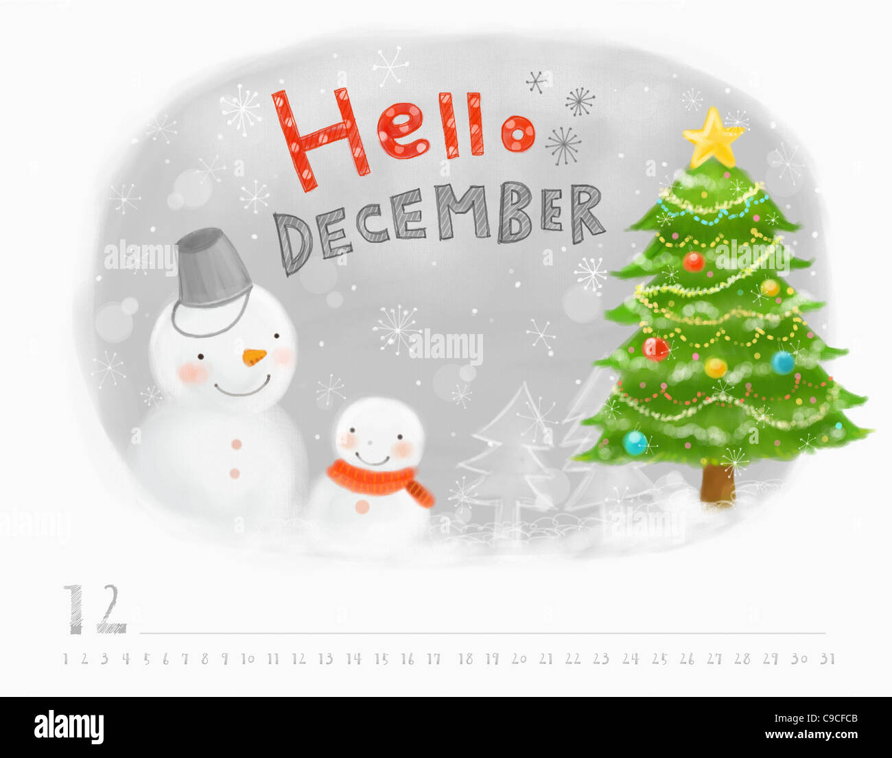 Calendario de Diciembre con muñeco de nieve y árbol de navidad Fotografía  de stock - Alamy