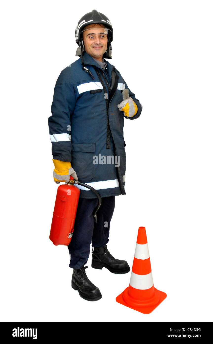 Bombero con extintor aislados en blanco Fotografía de stock - Alamy