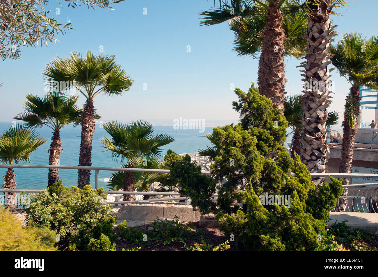 Vista sobre mar bahía desde el Monte Carmelo, Haifa, Galilea, Israel, Asia, Oriente Medio Foto de stock