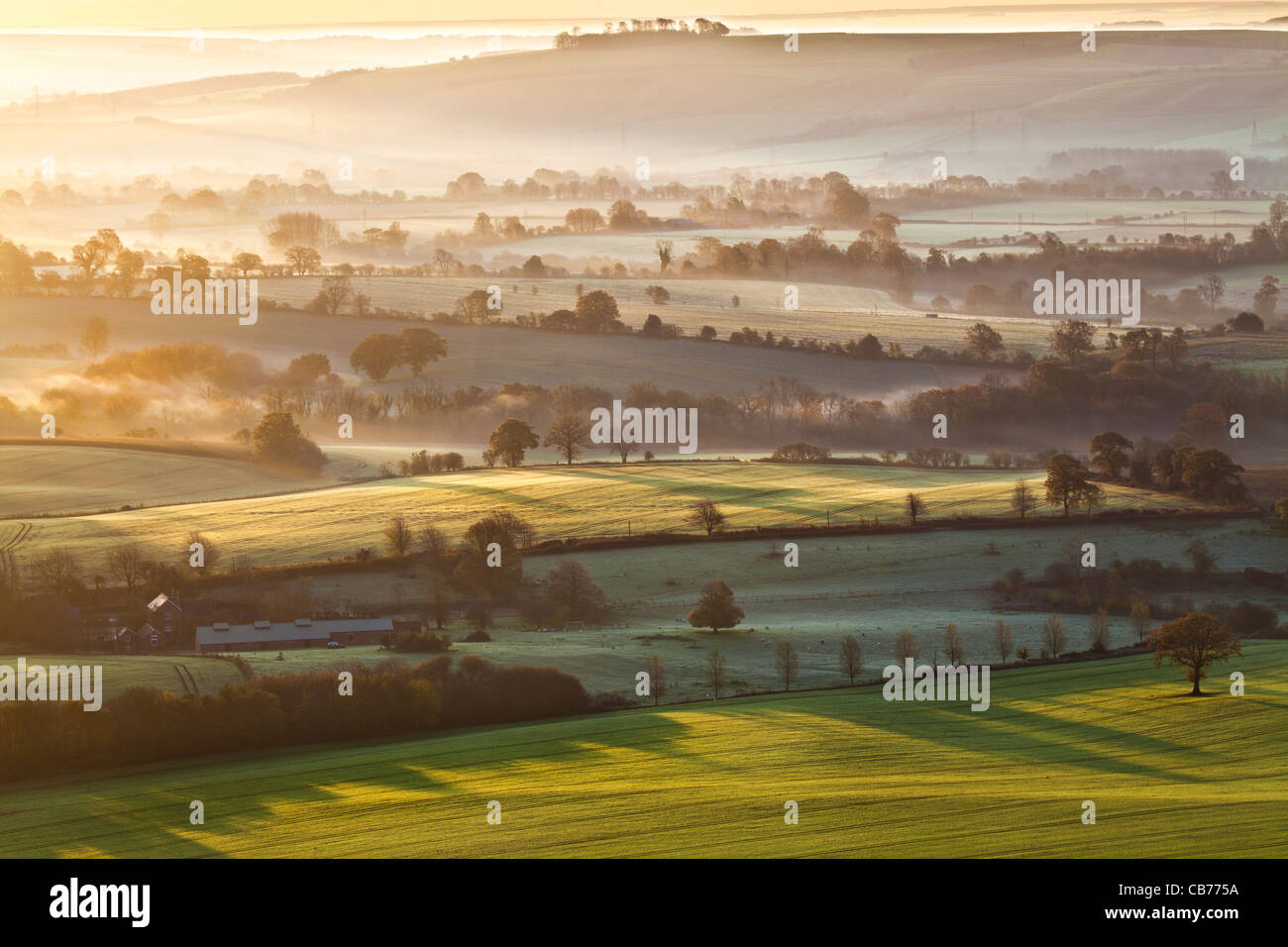 Un amanecer de invierno vista desde Martinsell Hill en el valle de Pewsey, en Wiltshire, Inglaterra, Reino Unido. Foto de stock