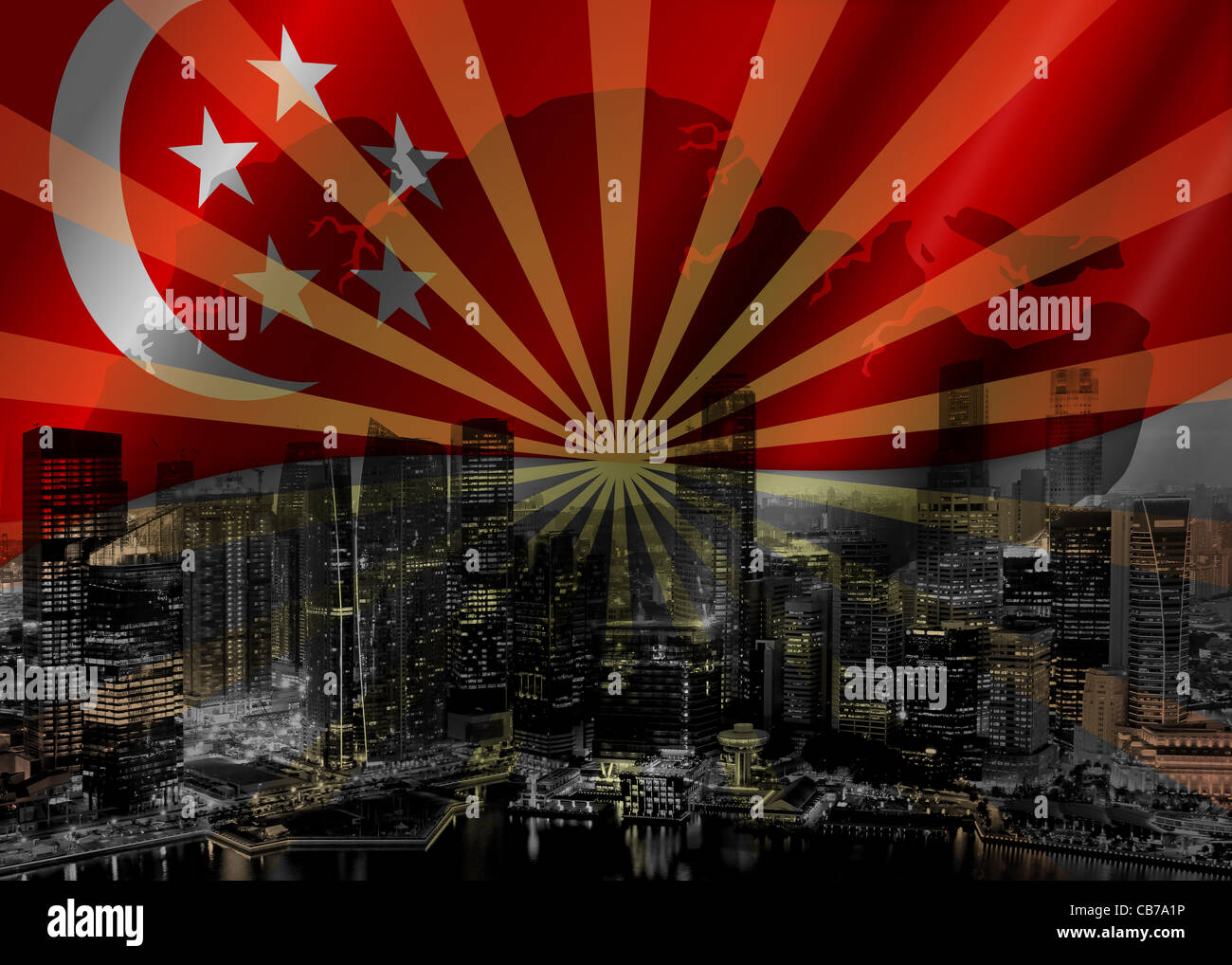 Horizonte de Singapur con la bandera del país y Mapear ilustración Foto de stock