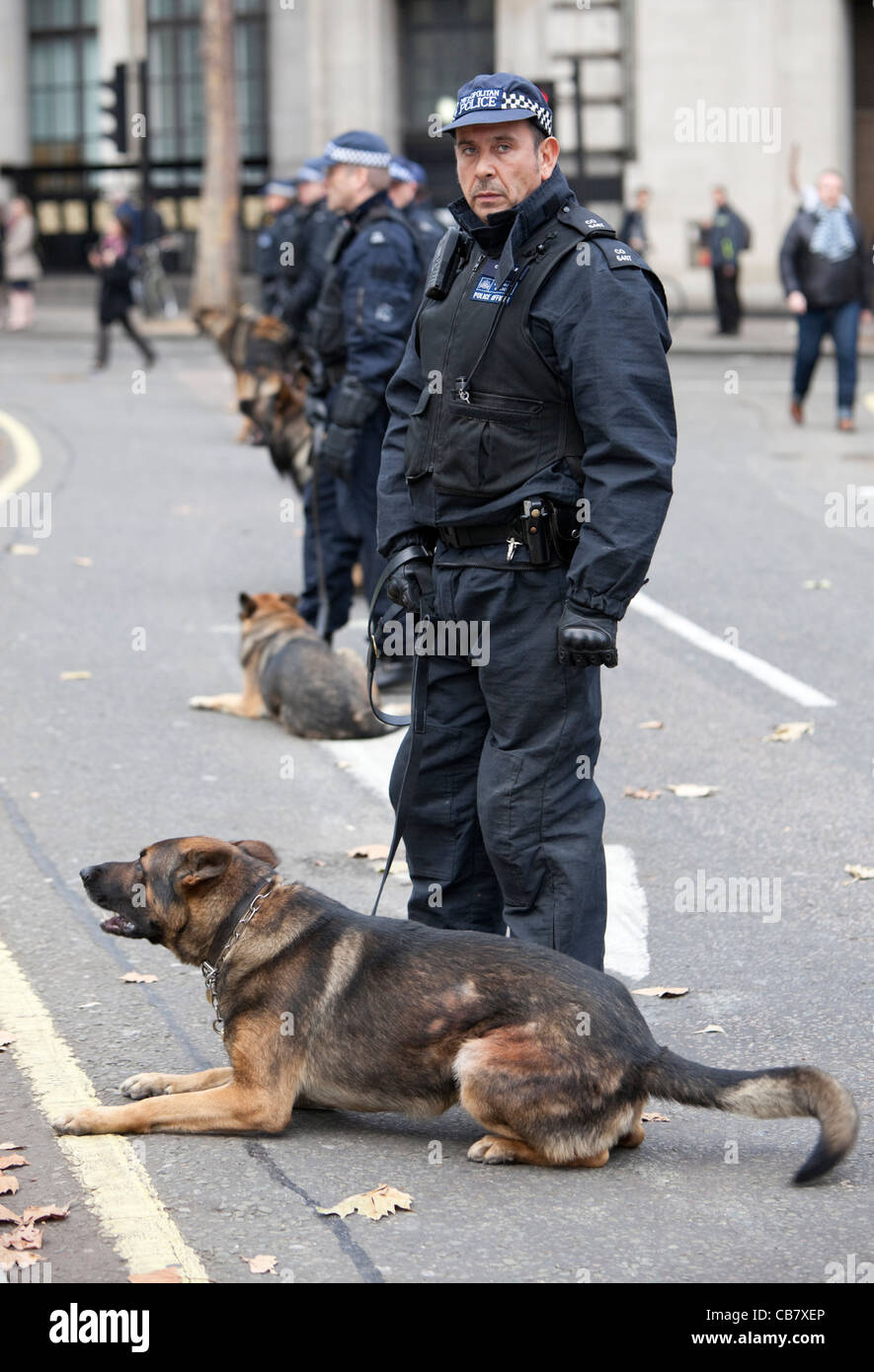 La policía británica Riot con perros, en la huelga del sector público (los sindicatos), Londres, Inglaterra, 2011, Reino Unido, ES. Foto de stock