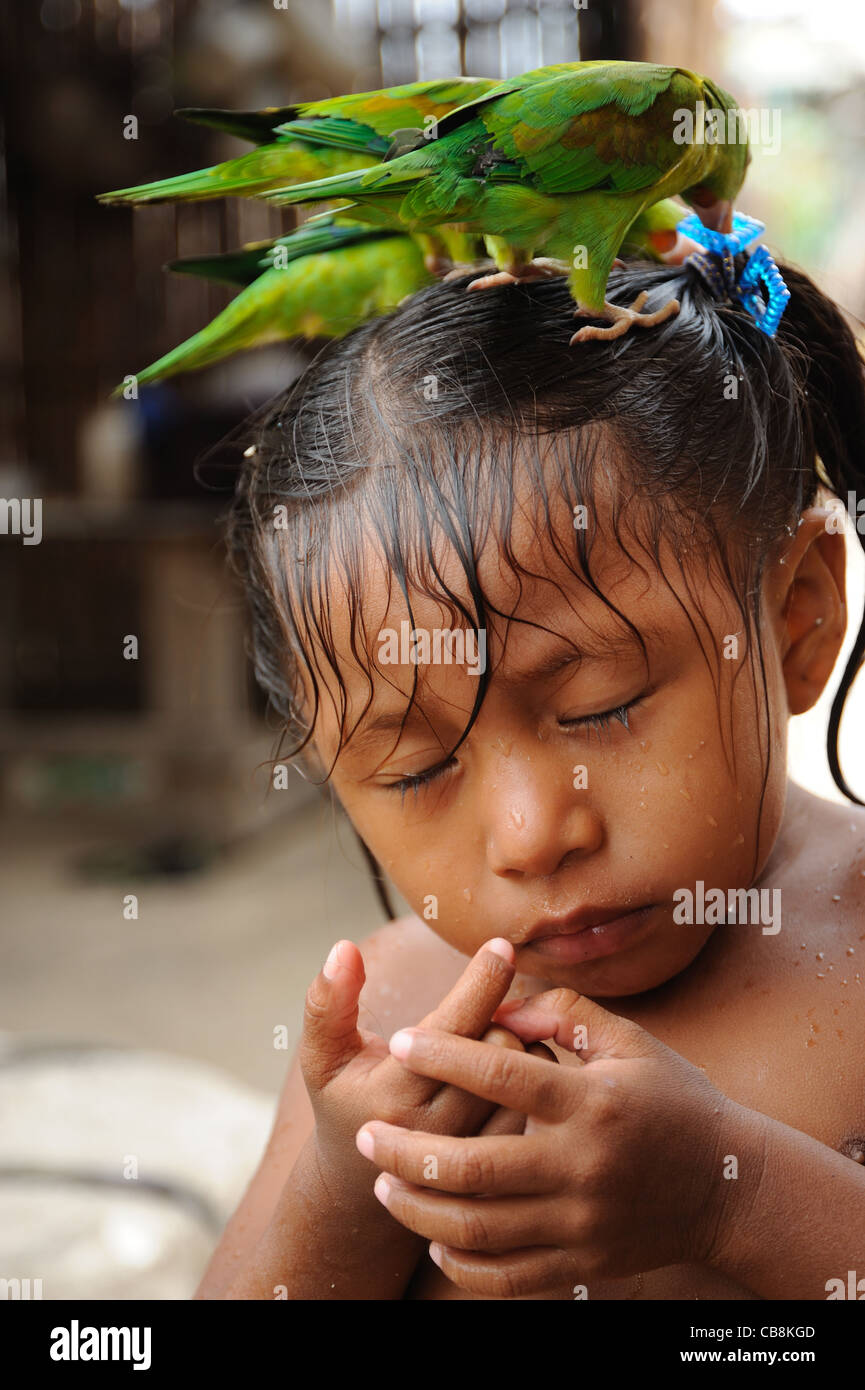 Guna niña india con loro verde en la isla Corbisky en Guna Yala, Panamá. Foto de stock