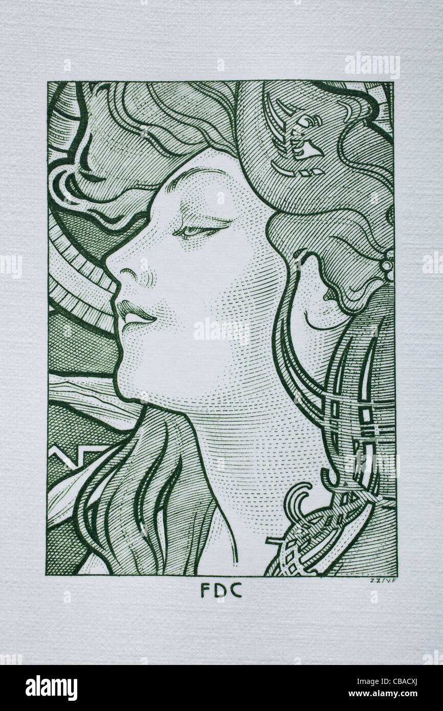 Motivo desde el primer día la tapa (FDC) del pintor Alfons Mucha (1860-1937). (CTK Foto/Martin Sterba) Foto de stock