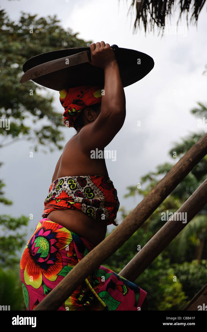 Mujer indígena Embera llevar una placa de alimentos en la comunidad indígena Embera Puru en Panamá Foto de stock