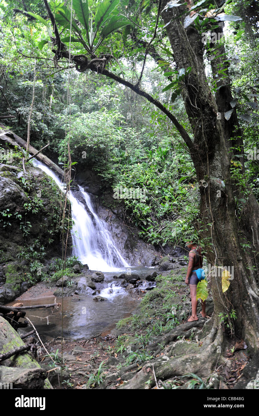Hombre indígena Embera en una cascada del río Chagres en la comunidad indígena Embera Puru en Panamá. Foto de stock