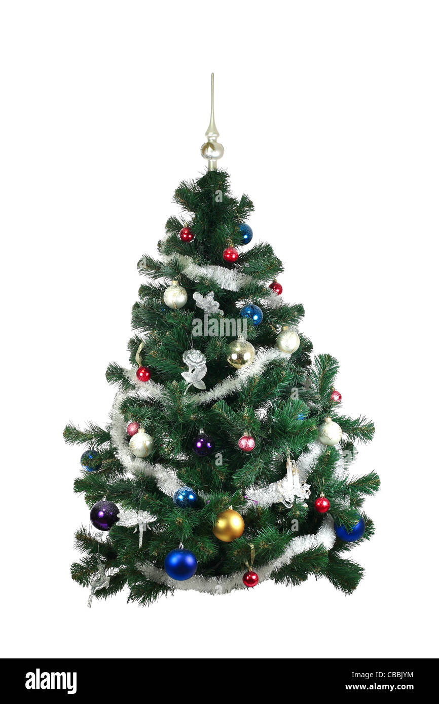 Árbol de navidad y decoraciones. Sobre fondo blanco. Foto de stock