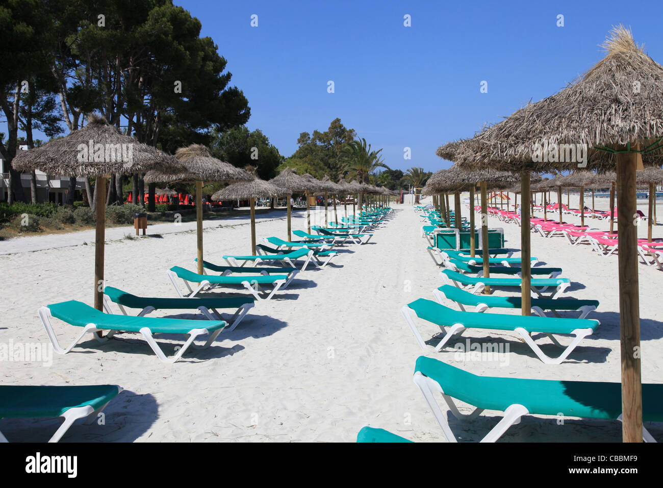Hamacas y sombrillas de paja en la playa. Imagen tomada en Alcudia, en la  isla de Mallorca, Baleares, España Fotografía de stock - Alamy