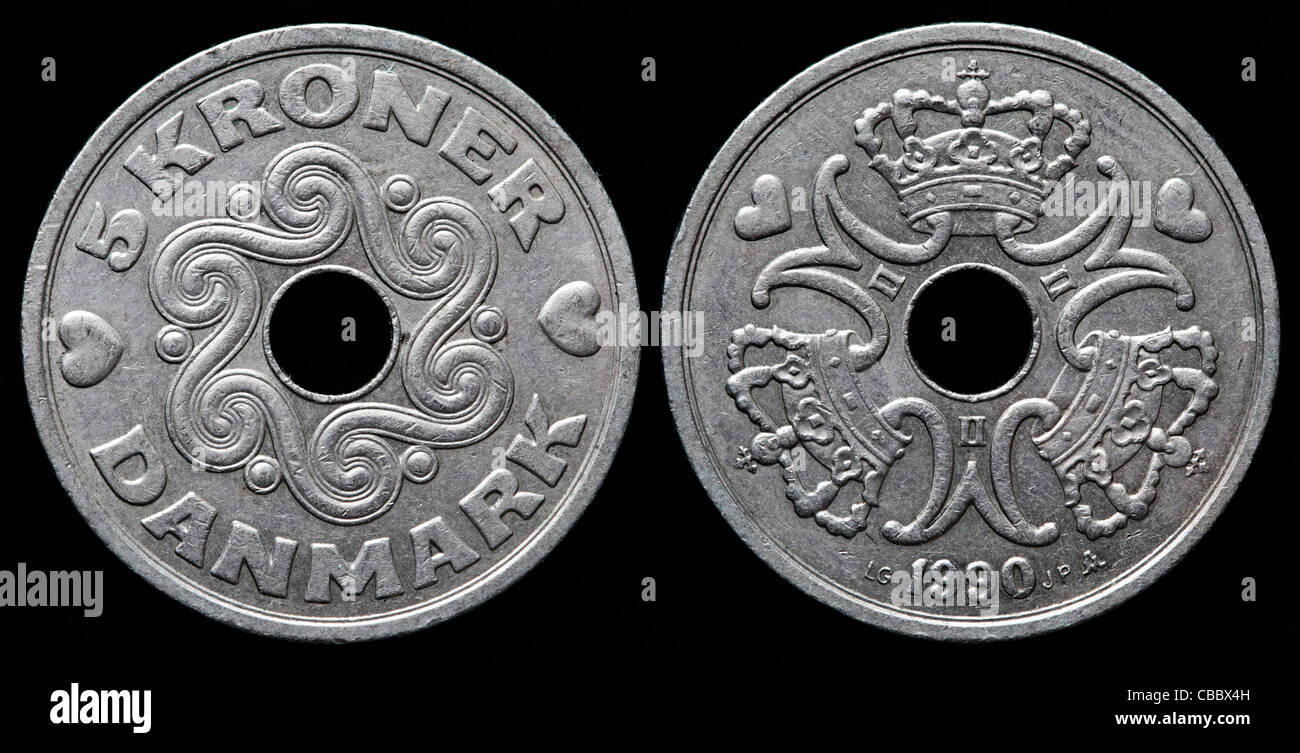 Moneda de 5 Coronas, Dinamarca, 1990 Foto de stock