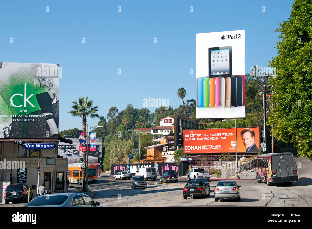 Sunset Boulevard Beverly Hills en Los Ángeles, Estados Unidos de América American EE.UU. Foto de stock