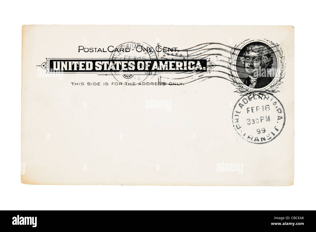 1899 cancelado antique tarjeta postal de los Estados Unidos con el sello de un centavo aislado sobre fondo blanco. Foto de stock