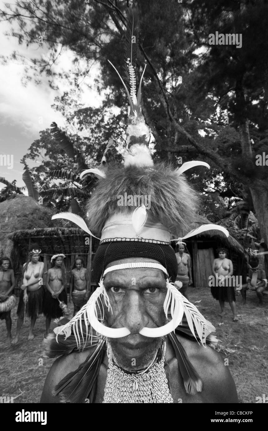 Guerrero de la tribu Dani, Valle de Baliem, Papua Occidental, Indonesia Foto de stock