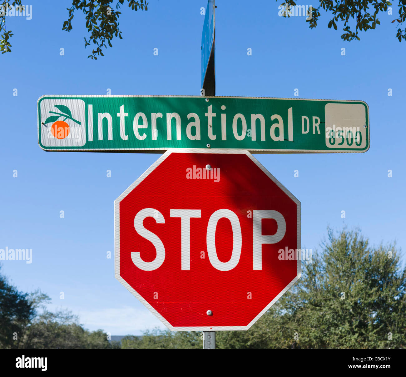 Calle y señales de stop, International Drive, Orlando, Florida, EE.UU. Foto de stock