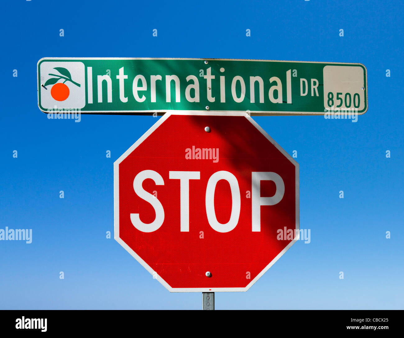 Calle y señales de stop, International Drive, Orlando, Florida, EE.UU. Foto de stock