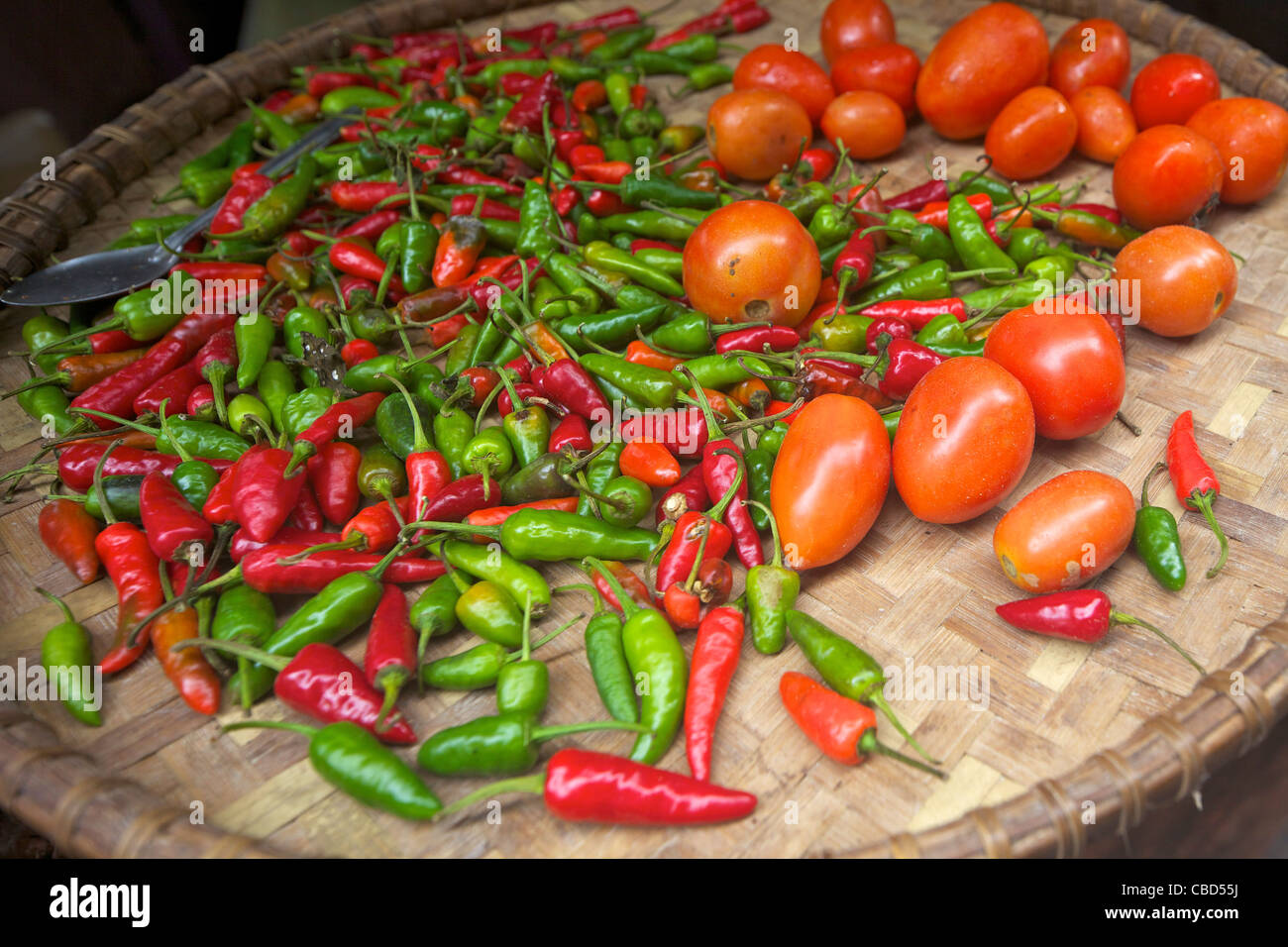 Los tomates, pimientos verdes y rojos, Nepal, Asia Foto de stock