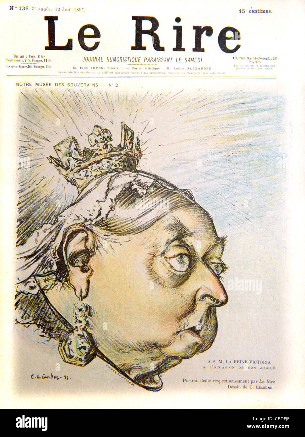 Retrato satírico de la reina Victoria en su sexagésimo año jubilar. Portada de la revista satírica francesa 'le Rire', junio de 1897. Ilustración Vintage Foto de stock